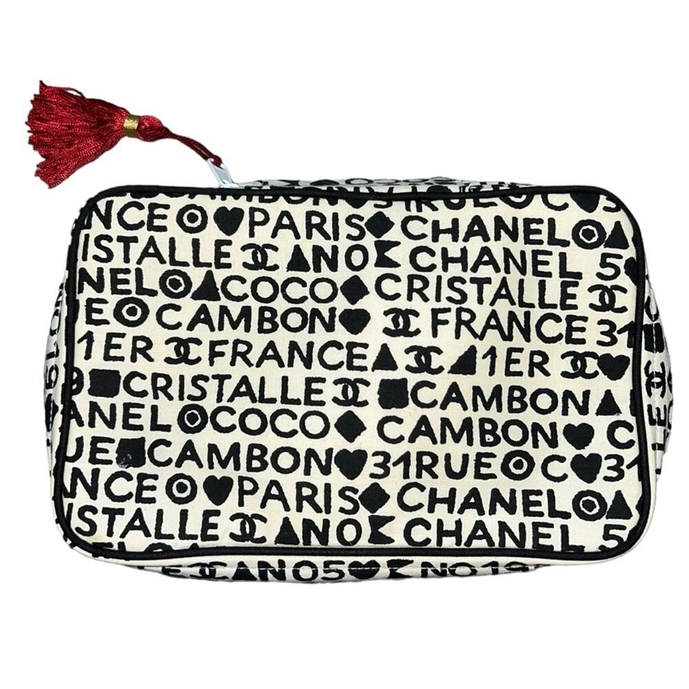 VTG Chanel Coco Cristalle Black & White Logo Zip Makeup Cosmetic Vanity Case Bag - Picture 6 of 16